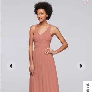 David’s Bridal long bridesmaid dress with crisscross back straps